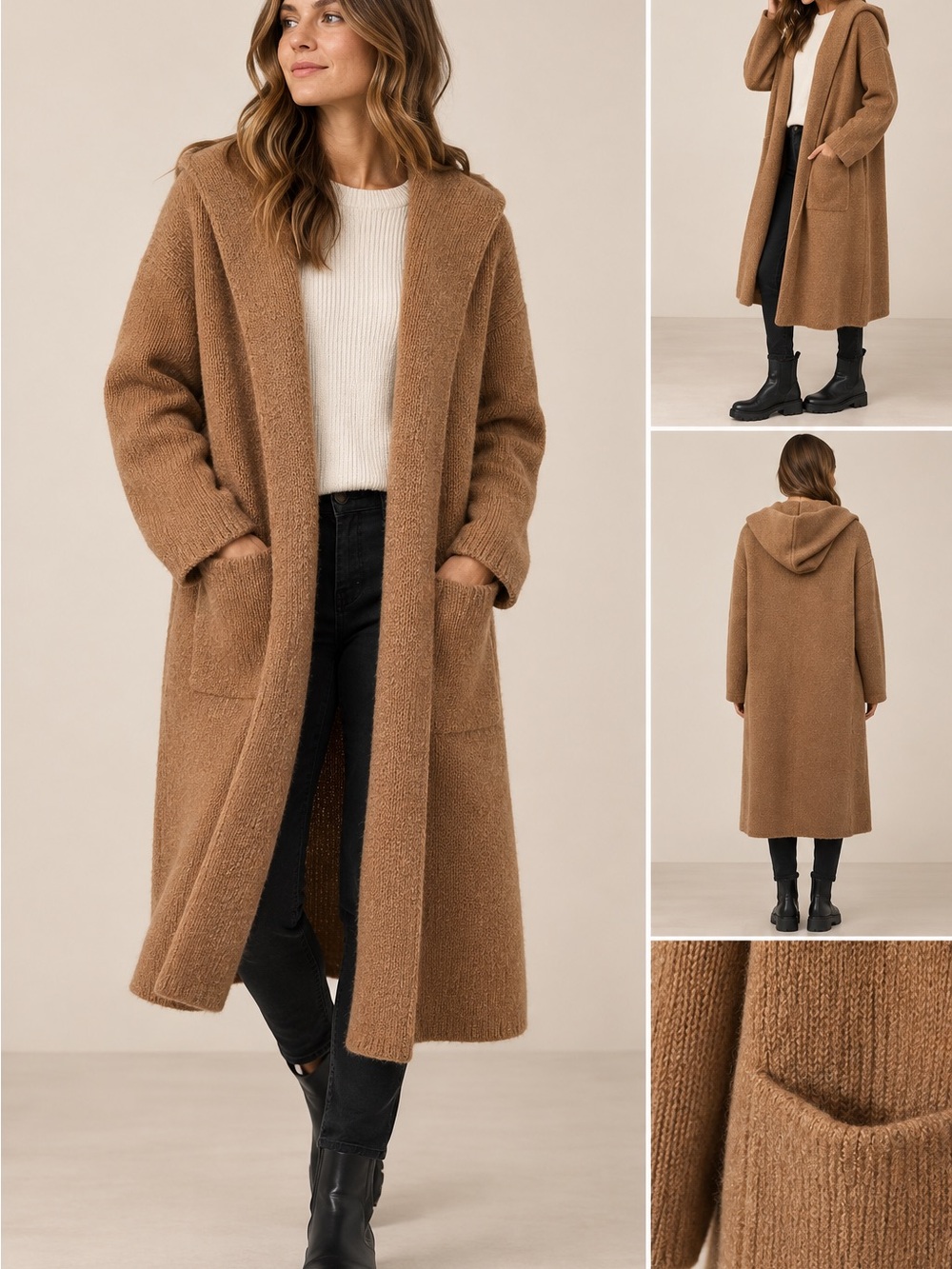 Long Hooded Teddy Coatigan in Camel